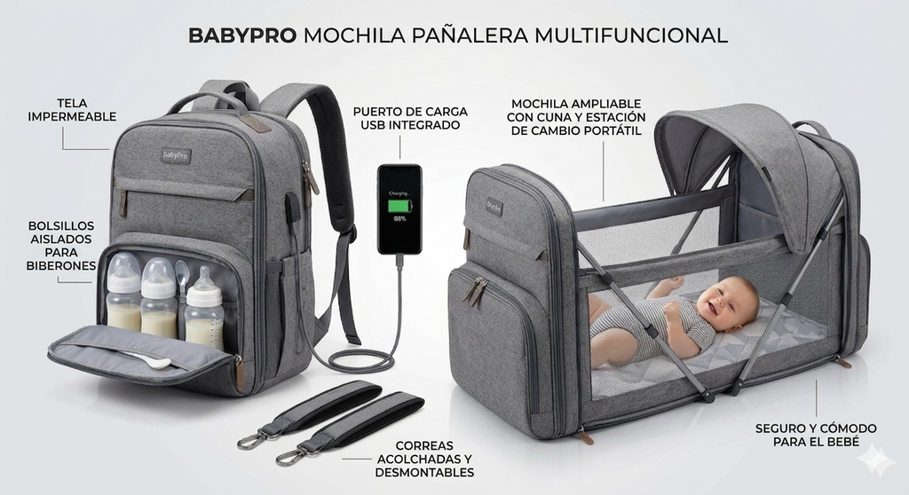 👜 BOLSA 3 EN 1 CON CUNA 🍼 Y PUERTO USB - LANZAMIENTO SIN PRECEDENTES